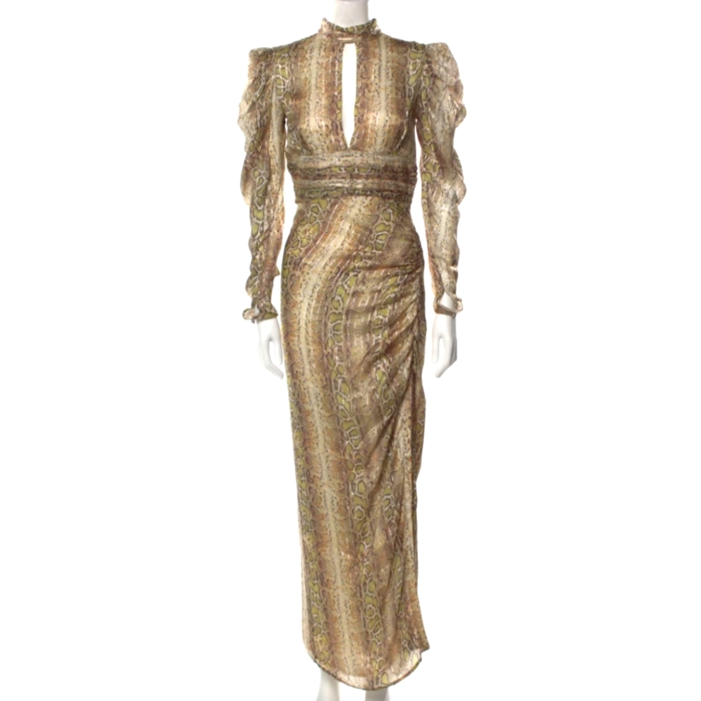 ROCOCO SAND Rhea Snake Plunge Maxi Dress - Metallic Gold Python